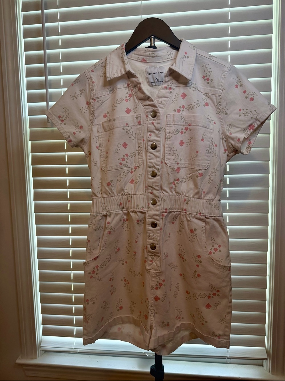 Celebrity Pink Girls Floral Utility Romper | White Pink | Size M 7/9